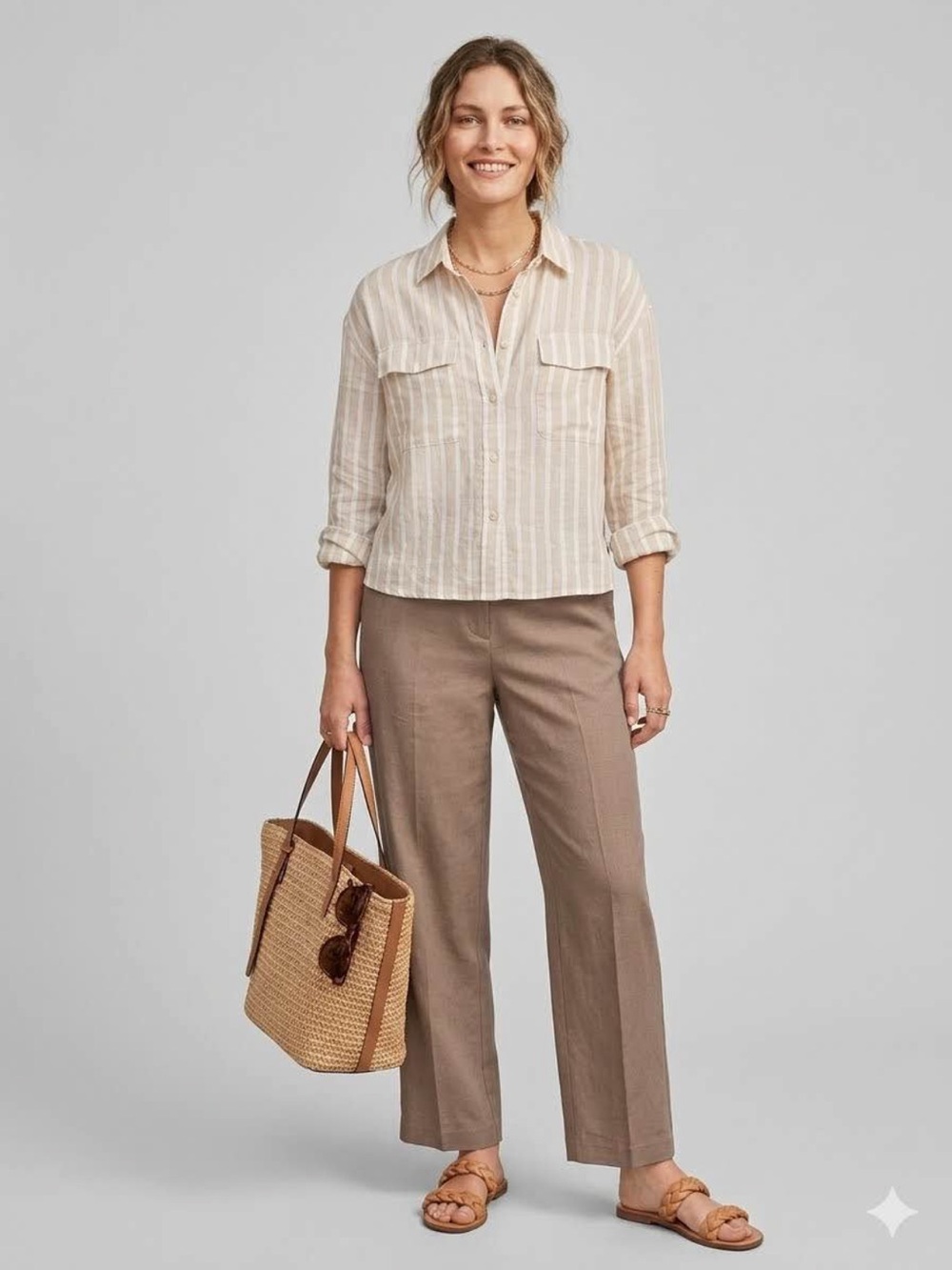 GAP Cream and White Striped Cropped Button-Front Shirt